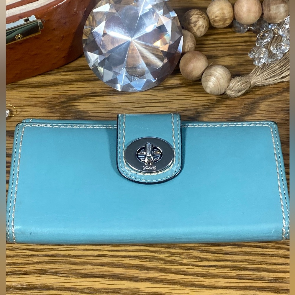 Coach Blue Wallet with Silver Turnlick Hardware